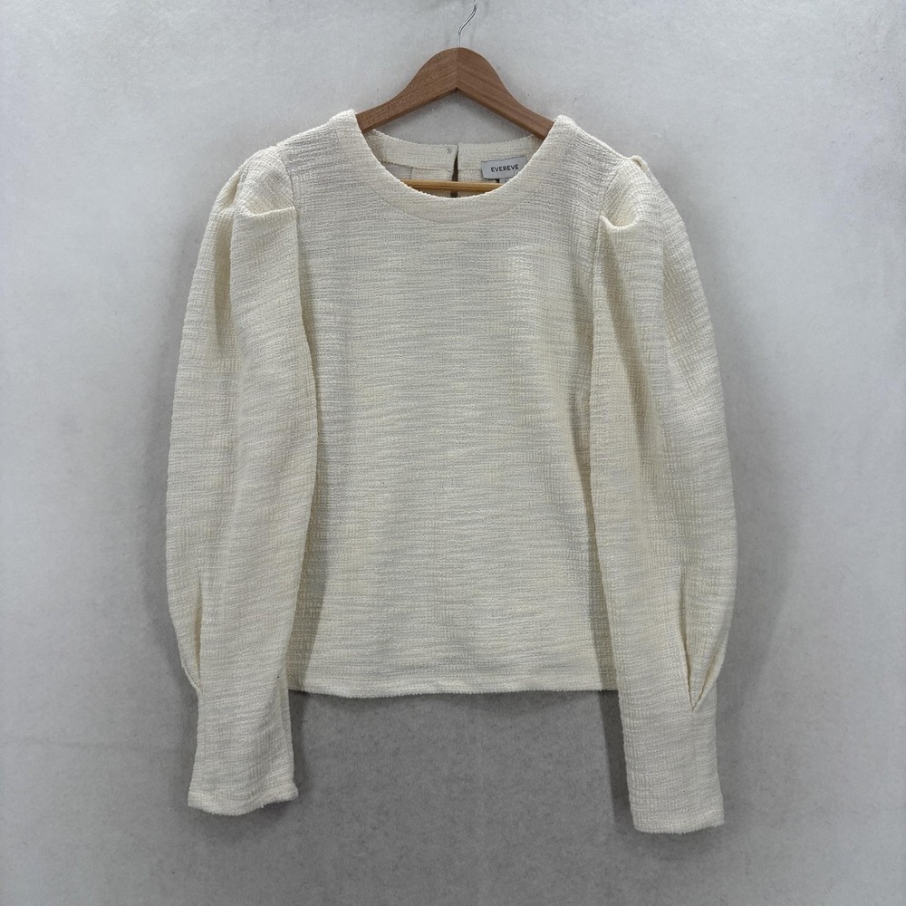 Evereve Polly Knit Tweed Top Womens Large White Crew Neck Puff Sleeve Career NWT